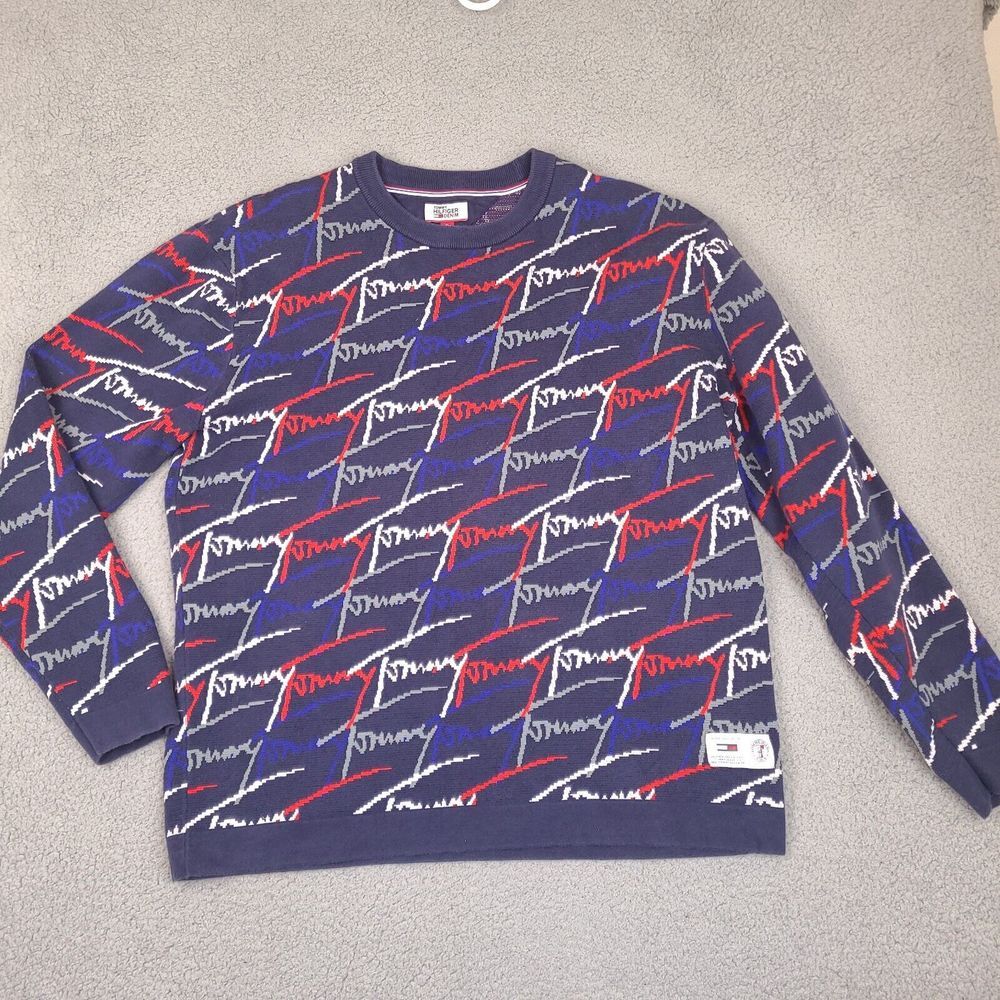 Tommy Hilfiger Denim Sweater Mens XL Blue Script‎ All Over Print Crewneck